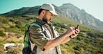 Outdoor, hiking and man with cellphone, reading and navigation with app for direction. Healthy person, traveller and hiker with smartphone, location or destination with browsing route or trekking map