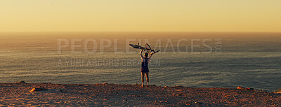 Buy stock photo Horizon, bicycle and man with celebration for sunset, travel and fitness for journey with banner. Person, cycling and explore for exercise, eco tourism and nature space for holiday or vacation