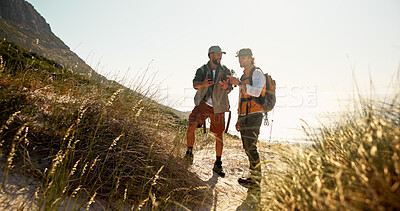 Buy stock photo Conversation, hiking and phone with men outdoor together for adventure hobby or training. Exercise, fitness and talking with happy hiker friends on nature trail for backpacking or mobile directions