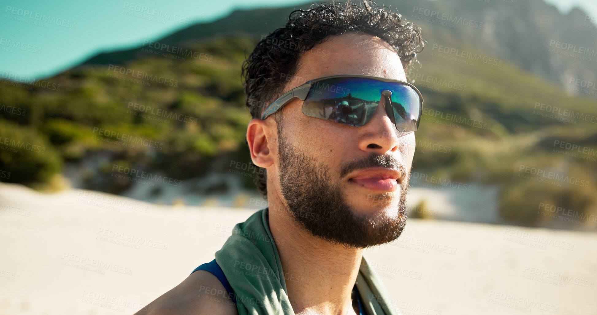 Buy stock photo Hiking, sunglasses and thinking with man in nature for adventure hobby, planning or training. Fitness, shades and vision with hiker person outdoor on sand in mountains for exercise or wellness