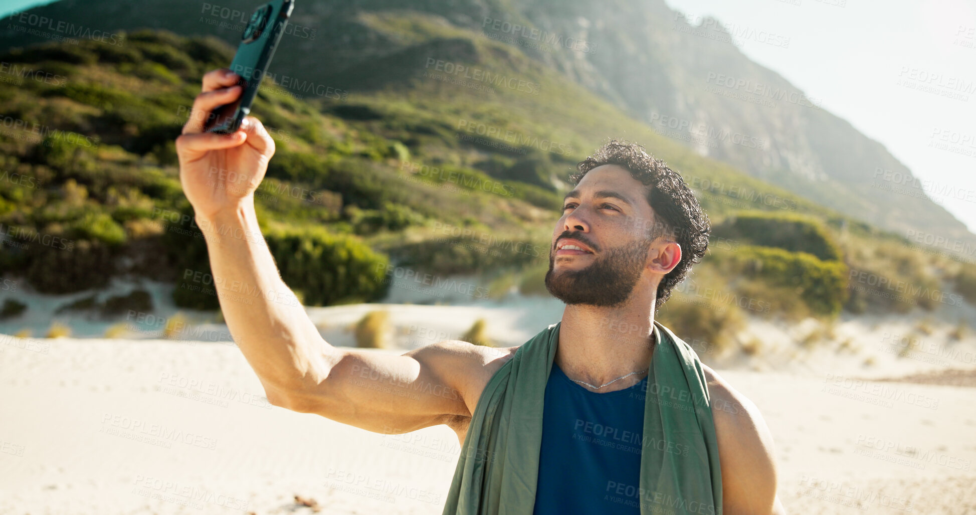 Buy stock photo Happy man, fitness and beach with selfie for photography, memory or capture moment in nature. Active, male person or smile with mobile smartphone for picture, social media or post on ocean coast