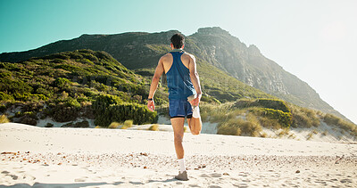 Buy stock photo Man, fitness and stretching legs at beach with back for healthy muscle, circulation or training. Person, runner and warm up for flexibility, exercise and outdoor in summer with balance in morning