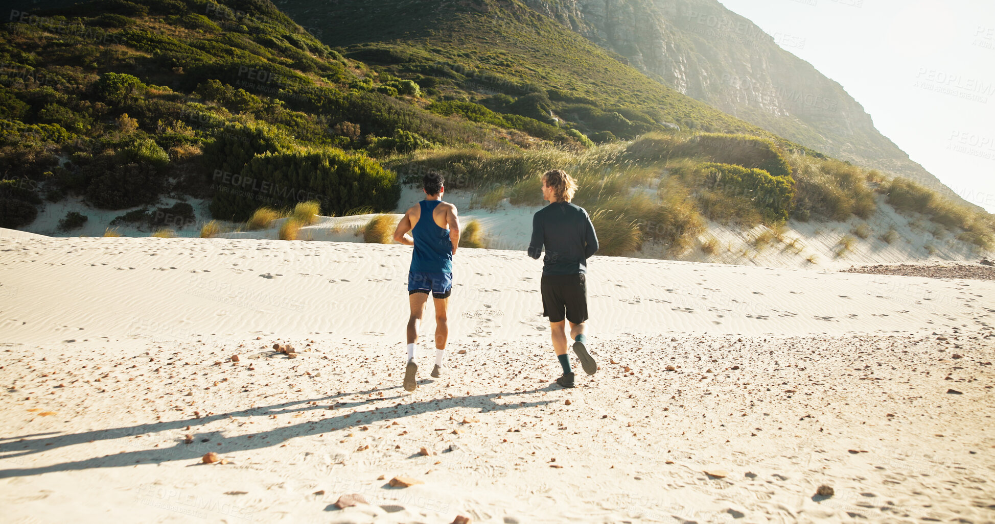 Buy stock photo Fitness, back or friends on beach sand with running, cardio exercise or support in summer workout. Healthy, men or athlete outdoor with jog, training together or marathon motivation for sports goal.