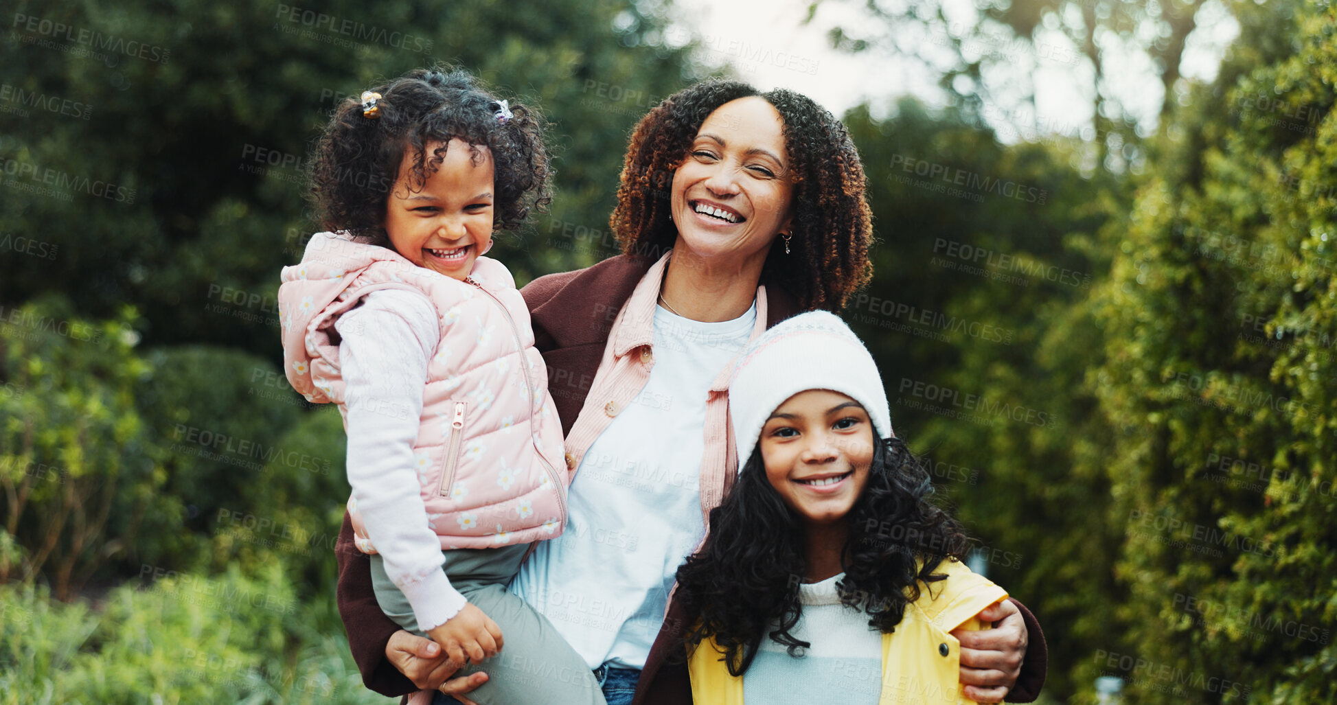 Buy stock photo Smile, portrait and mother with children in nature for adventure, getaway and bonding. Support, happiness and connection with woman and kids outdoor park for travel, weekend break and holiday