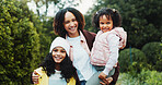 Travel, portrait and mother with children in nature for adventure, getaway and bonding. Support, happiness and connection with woman and kids outdoor park for smile, weekend break and holiday