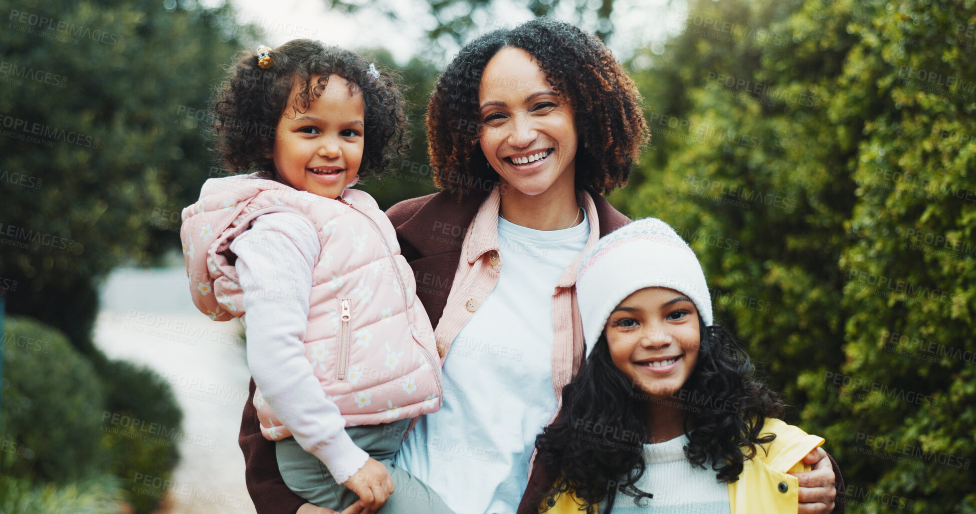 Buy stock photo Love, portrait and mother with children in nature for adventure, getaway and bonding. Support, happiness and connection with woman and kids outdoor park for travel, weekend break and holiday