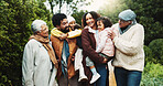Parents, happy grandparents and kids in nature for weekend break, travel adventure and bonding. Generations, big family and smile together in garden for holiday getaway, support and love relationship