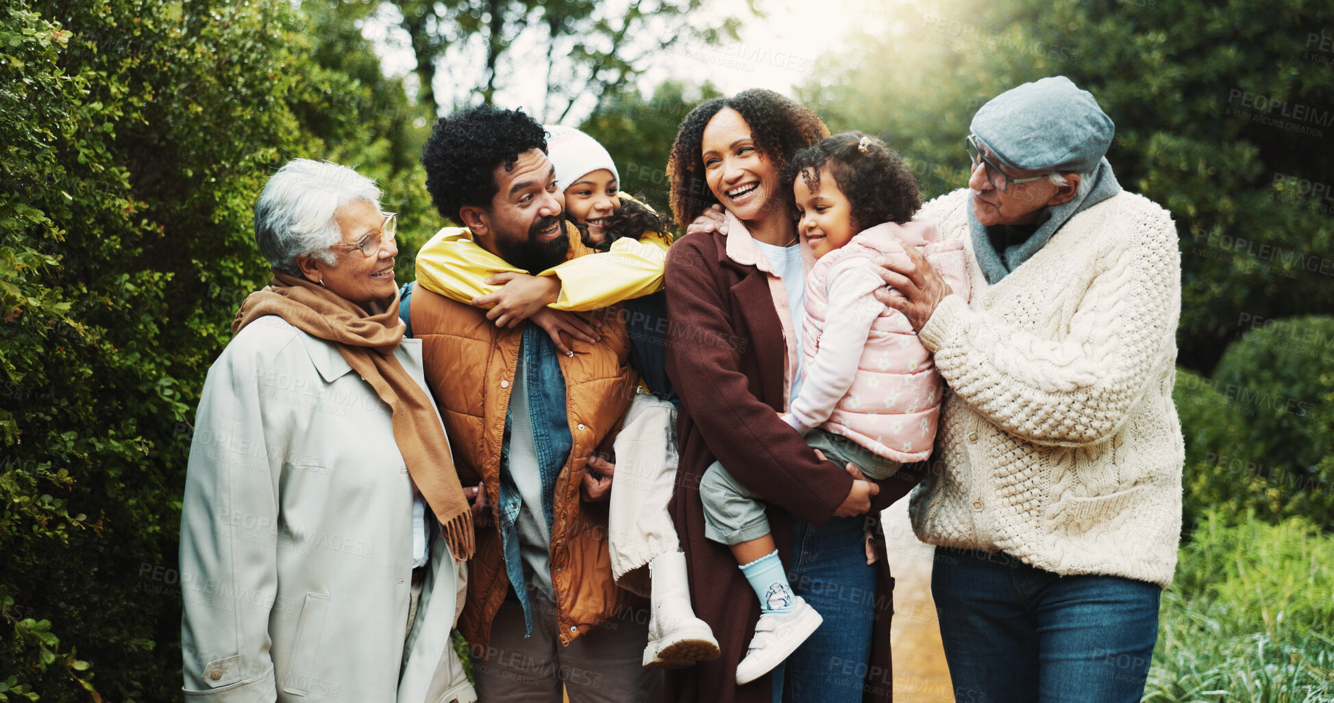 Buy stock photo Parents, happy grandparents and kids in nature for weekend break, travel adventure and bonding. Generations, big family and smile together in garden for holiday getaway, support and love relationship