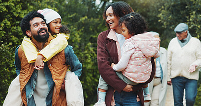 Buy stock photo Family, children and walk at park, excited and piggyback with happy for sightseeing, holiday and bonding. People, parents and grandparents with kids, vacation or outdoor together at urban garden