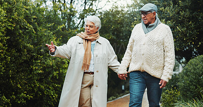 Buy stock photo Holding hands, walking and senior couple in garden with bonding together on holiday, getaway or adventure. Happy, support and elderly man with woman outdoor for connection, love or marriage in nature