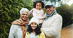Portrait, grandparents or children with smile for outdoor family time, support or love for connection. Care, bonding or senior people with girls on park path, nature hike or weekend activity together