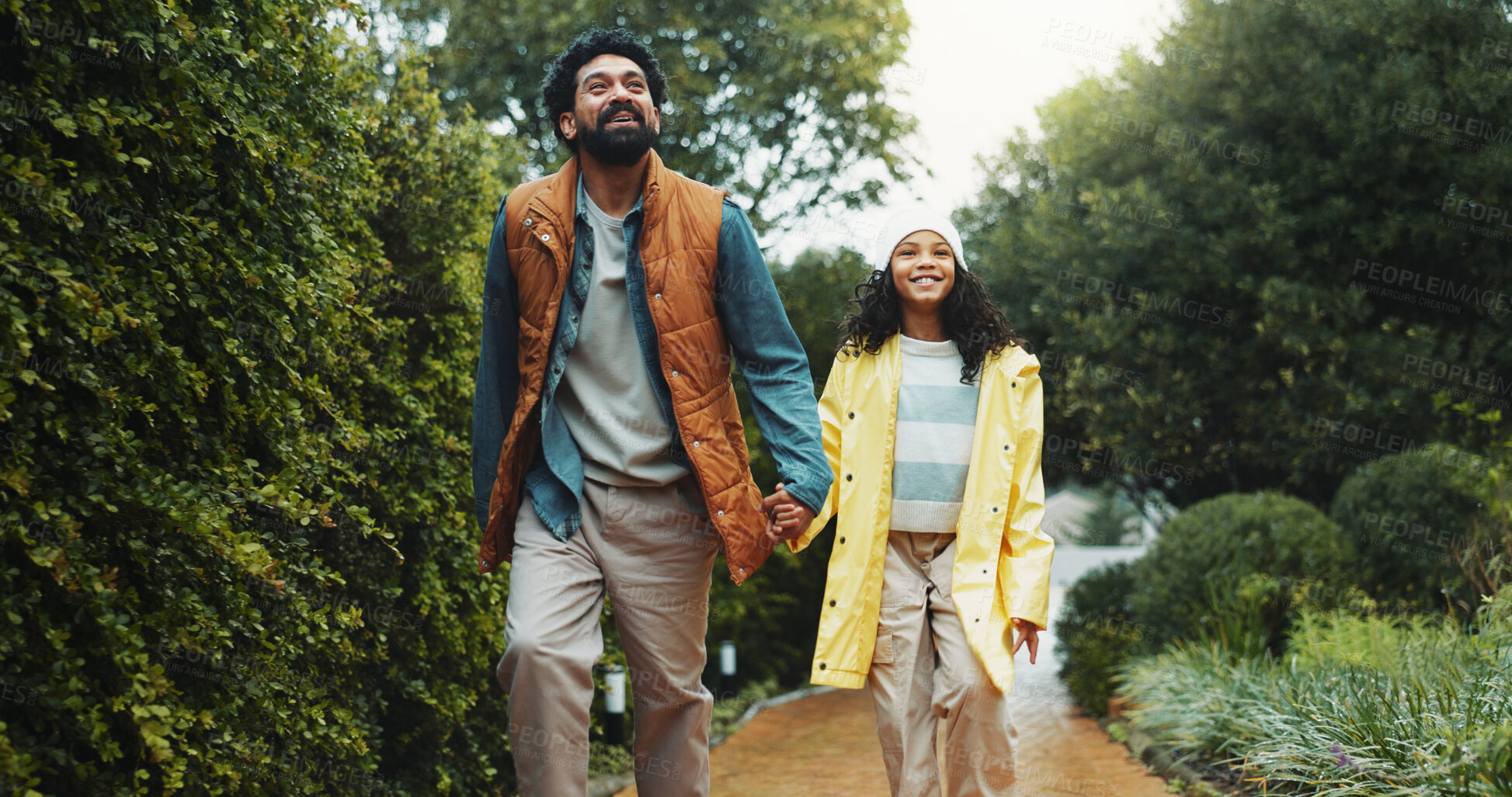 Buy stock photo Holding hands, outdoor or father with daughter on path for holiday, connection or care for nature walk. Support, travel trip or man with child to explore park, family vacation or sightseeing together