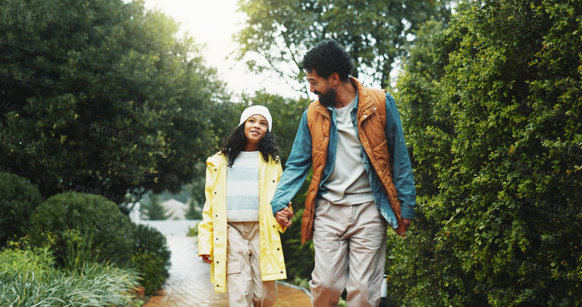 Buy stock photo Holding hands, park path or father with girl for winter holiday, connection or bonding in nature walk. Support, travel trip or man with child for sightseeing, outdoor or family vacation together