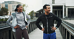 Runner, people and break with smile in city for fitness, race training or teamwork. Interracial couple, exhausted and breathing for workout, cardio and exercise for sport challenge or endurance