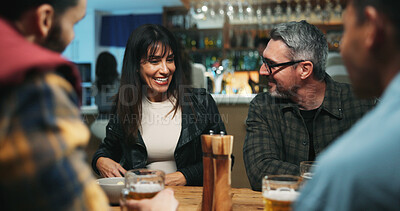 Buy stock photo Conversation, friends and people in pub, smile and bonding together with reunion. Group, men and woman in restaurant, discussion and laughing with joke, humor and social gathering with happiness