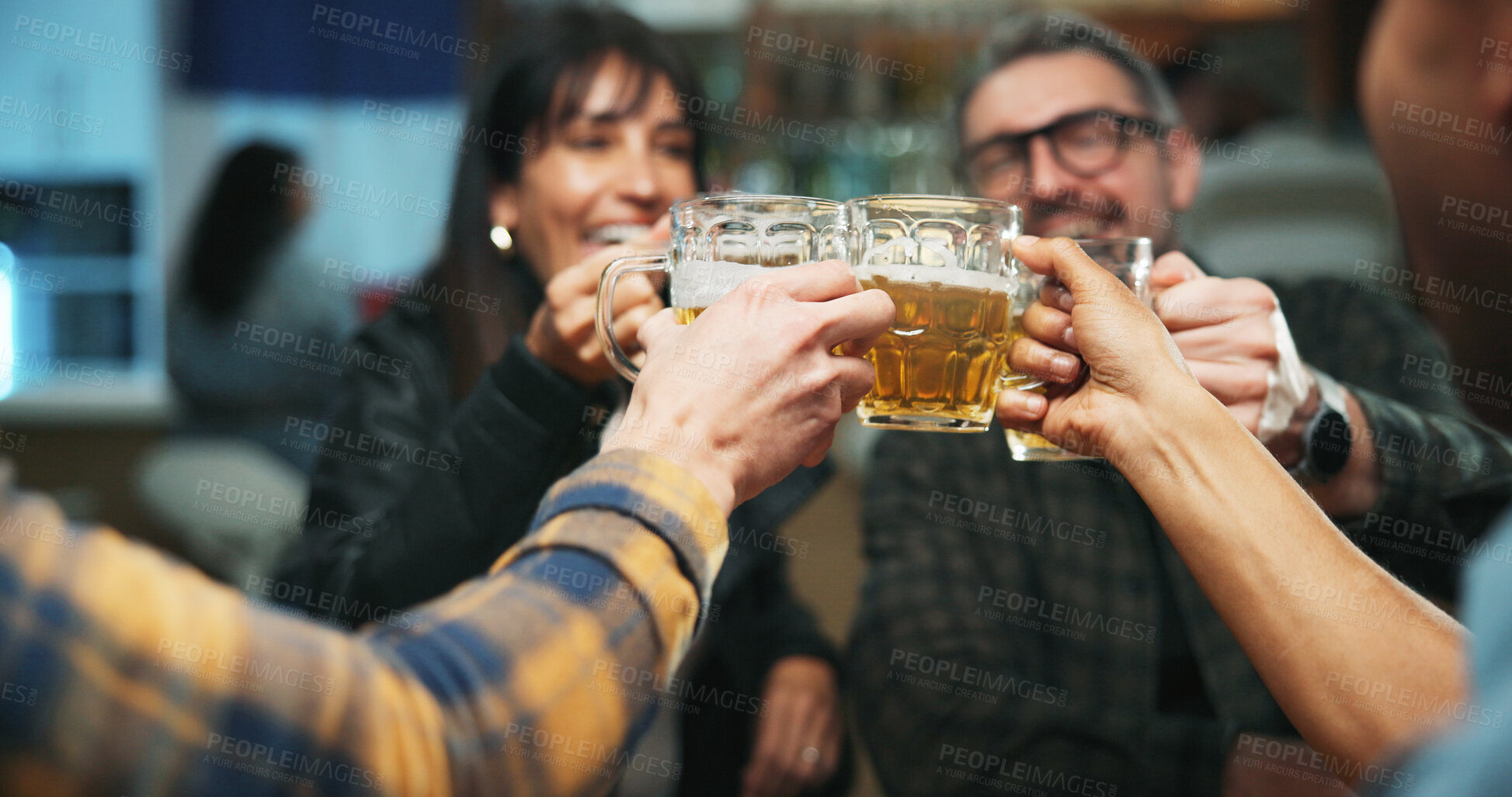 Buy stock photo Friends, hands and toast beer at bar, celebration and excited for party, happy hour and drinks. People, glasses and cheers at pub with alcohol, success or milestone with congratulations at night