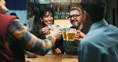 Buy stock photo People, excited and toast beer at bar, celebration or announcement with party, happy hour and drinks. Friends, glasses and cheers at pub with alcohol, success or social gathering for new years eve