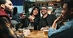 Selfie, love and couple in pub, smile and bonding together with alcohol, relax and photography. People, men and woman with happiness, beverage and celebration with memory, event and profile picture