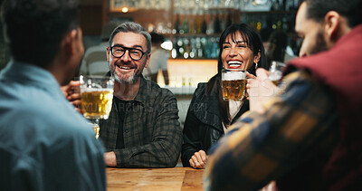Buy stock photo Relax, friends and beer with laughing in pub for social gathering, bonding and funny conversation. Happy, mature people or group with alcohol at bar for reunion event, night out or hangout on weekend