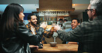Friends, toast beer and excited at bar, celebration and bonding for party, happy hour and drinks. People, glasses and cheers at pub with alcohol, success or social gathering with reunion at night