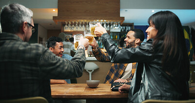Buy stock photo Friends, toast beer and celebration at bar, excited and bonding at party, happy hour and drinks. People, glasses and cheers at pub with alcohol, success or social gathering with reunion at night