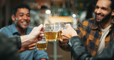 Buy stock photo Friends, hands and toast beer at pub, celebration and excited for party, happy hour and drinks. People, glasses and cheers at bar with alcohol, success or milestone with congratulations at night