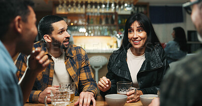 Buy stock photo Conversation, friends and people in pub, alcohol and bonding together with reunion. Happy, men and woman in restaurant, discussion and laughing with joke, humor and social gathering with beverage
