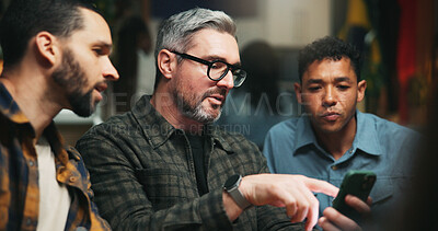 Buy stock photo People, phone and night with entertainment for live sport match, online streaming or subscription. Male person, friends or team with mobile smartphone in late evening for app, network or connection