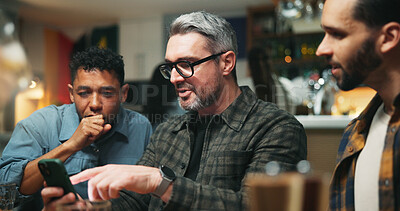 Buy stock photo Smartphone, people and friends in pub, talking and social media with communication. Men, mobile user and cellphone with internet, connection and digital app with website information and conversation