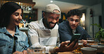 Cellphone, people and friends in pub, talking and social media with communication. Men, woman and smartphone with internet, connection and app with website info, funny meme and reunion with network