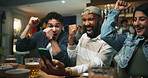 Cellphone, cheering and men in pub for sports game with goal, victory or winning championship. Happy, phone and group of male friends with celebration for watching football match in bar together.