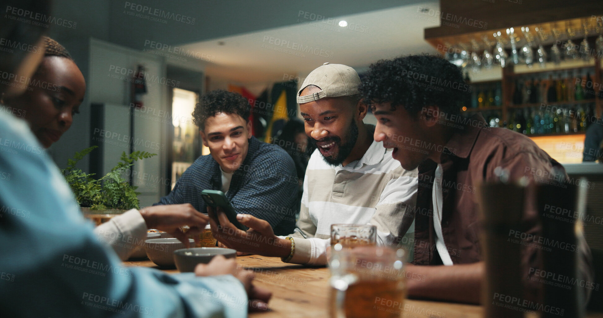 Buy stock photo Relax, friends and drinks with phone in pub for streaming sports match, live broadcast and bonding. Football fans, people or smartphone with beer in bar for watching online game, support or night out