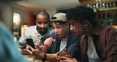 Buy stock photo Surprise, friends and watching tv with phone in pub for sports match, score lead or social gathering. Football fans, people and smartphone with suspense in bar for streaming game, event and bonding