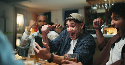 Buy stock photo Phone, celebration and men in pub for sports game with goal, victory or winning championship. Happy, cellphone and group of male friends with cheering for watching football match in bar together.