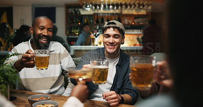 Buy stock photo Friends, men and cheers with beer in pub for reunion celebration, night out and bonding. Happy hour, weekend and people with alcohol toast in bar for social gathering, party and achievement in group