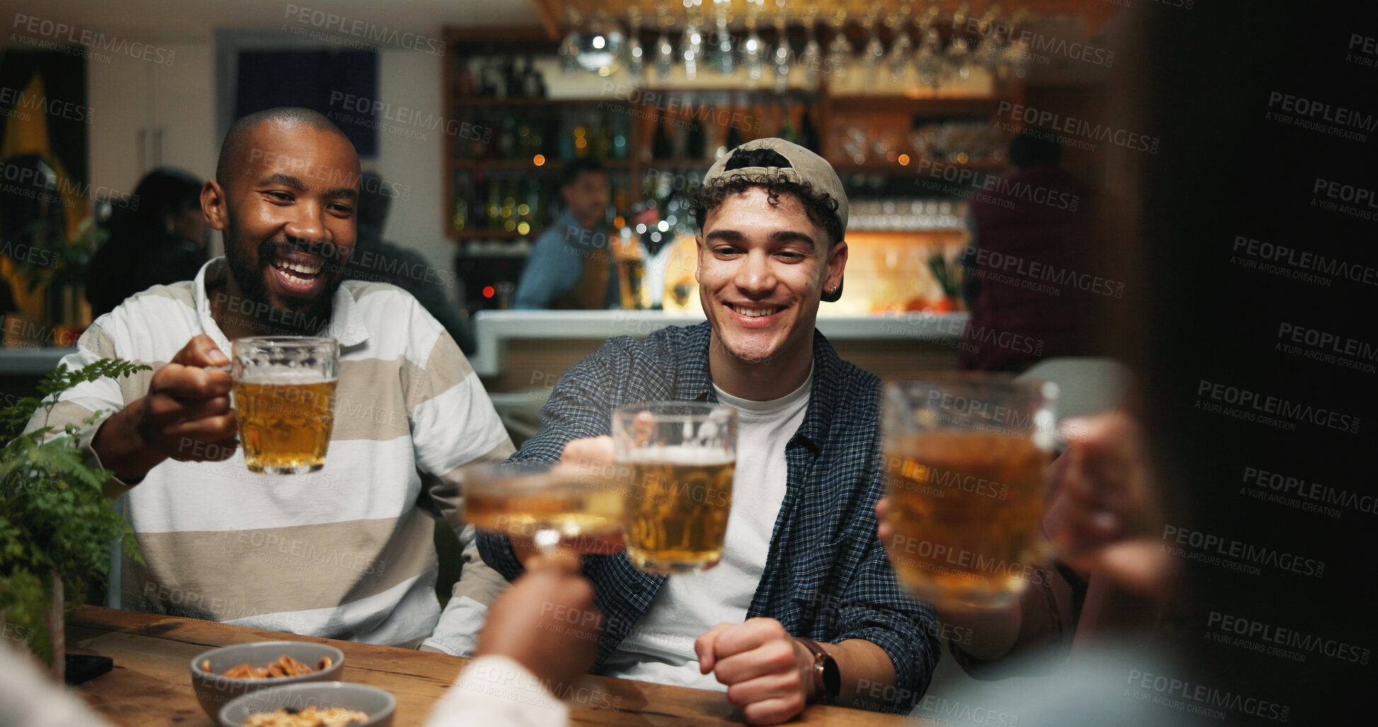 Buy stock photo Friends, men and cheers with beer in pub for reunion celebration, night out and bonding. Happy hour, weekend and people with alcohol toast in bar for social gathering, party and achievement in group