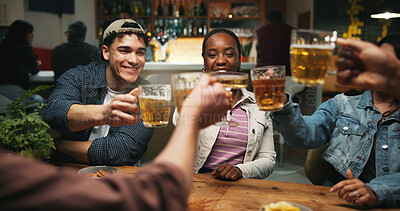 Buy stock photo People, party and toast beer at bar, celebration or excited for announcement, happy hour and drinks. Friends, glasses and cheers at pub with alcohol, success or social gathering for new years eve