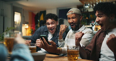 Buy stock photo Phone, cheering and friends in pub for sports game with goal, victory or winning championship. Happy, cellphone and group of male fans with celebration for watching football match in bar together.