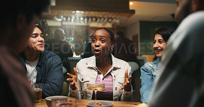 Buy stock photo Conversation, friends and people in pub, funny and bonding together with reunion. Happy, men and woman in restaurant, discussion and laughing with joke, alcohol and social gathering with celebration