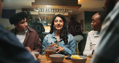 Buy stock photo Conversation, friends and people in pub, alcohol and bonding together with reunion. Group, men and women in restaurant, discussion and laughing with joke, beverage and social gathering with happiness