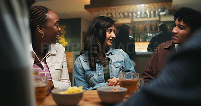 Buy stock photo Conversation, friends and people in pub, alcohol and bonding together with reunion. Group, men and woman in restaurant, discussion and celebration with beer, humor and social gathering with happiness