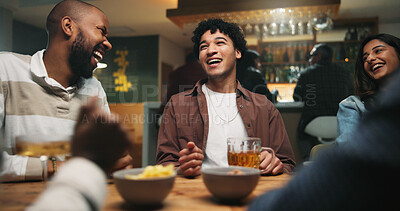 Buy stock photo Conversation, friends and people in pub, laughing and bonding together with alcohol. Group, men and woman in restaurant, discussion and funny with joke, event and social gathering with beverage