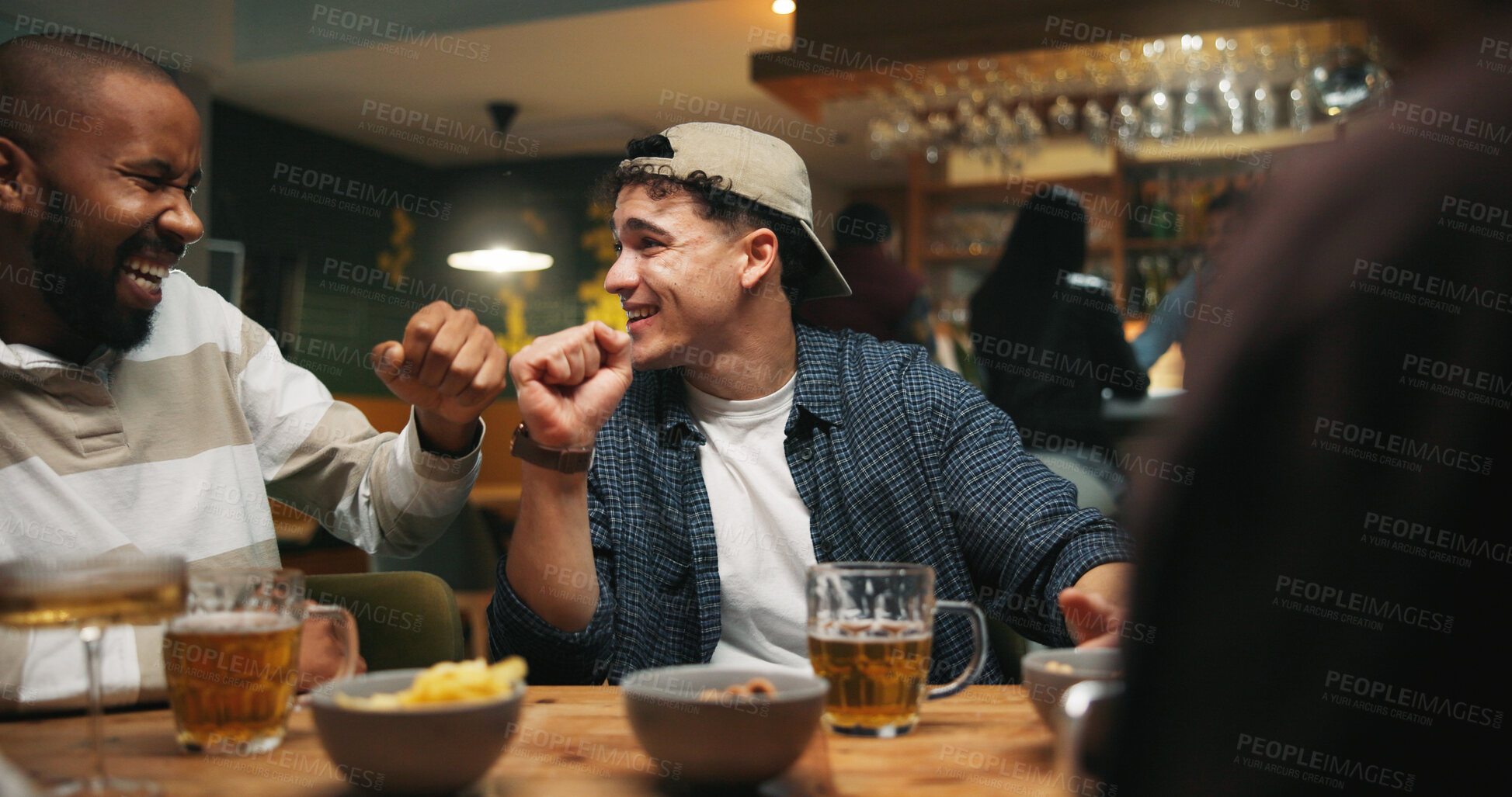 Buy stock photo Friends, fist bump and men with alcohol, bar or celebration for reunion on break, happy and together. People, laugh and gesture for night out, fun and support in pub with beer, smile and social event