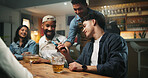 Happy people, payment and pos machine with phone in pub for purchase, banking or drinking in club. Man, friends and paying with mobile smartphone, NFC or app for beer, alcohol or beverage in bar