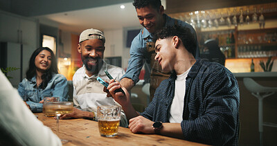 Buy stock photo Happy people, payment and pos machine with phone in pub for purchase, banking or drinking in club. Man, friends and paying with mobile smartphone, NFC or app for beer, alcohol or beverage in bar