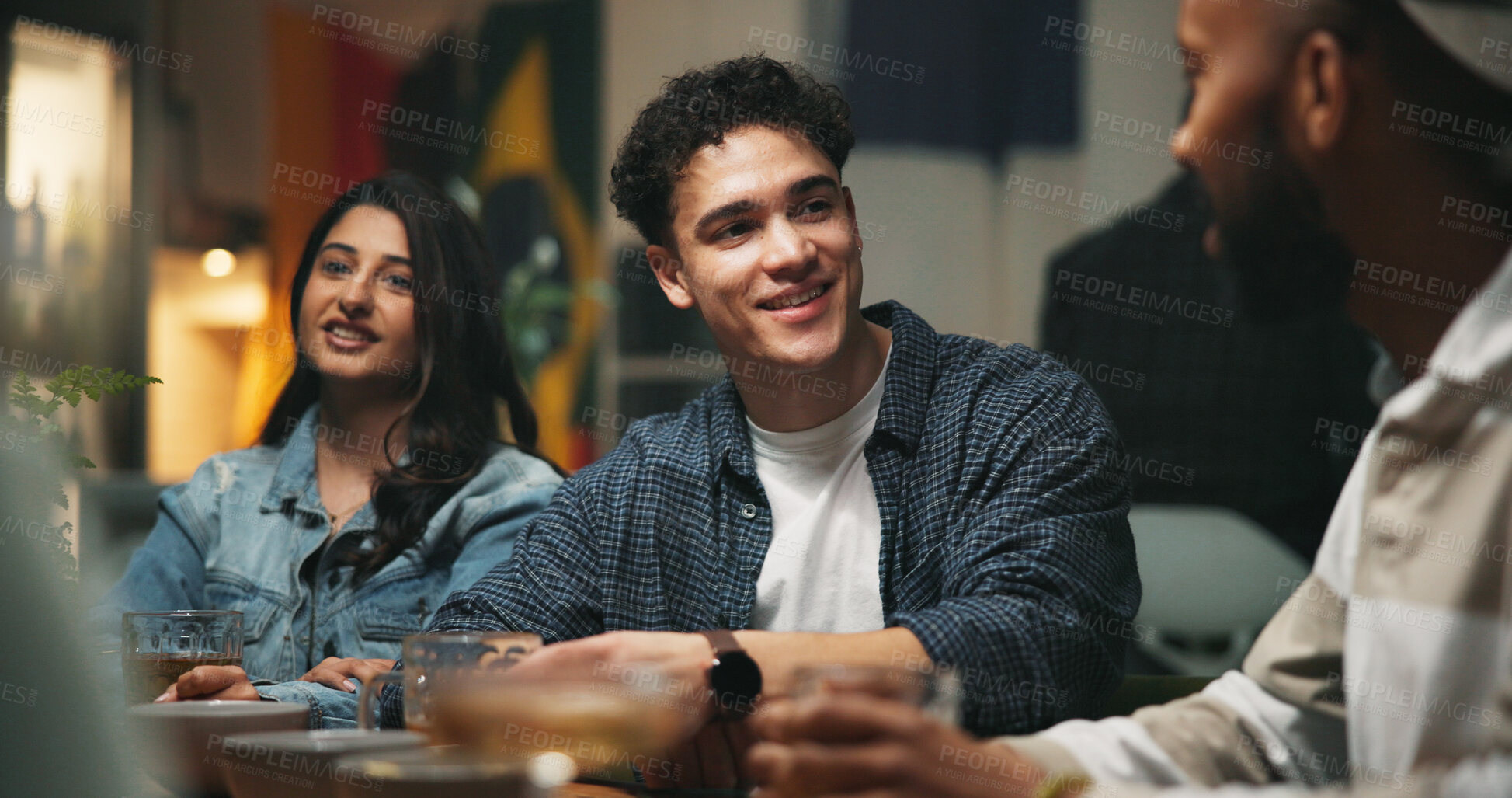 Buy stock photo Conversation, friends and people in bar, smile and bonding together with reunion. Group, men and woman in restaurant, discussion and beverage with joke, humor and social gathering with event