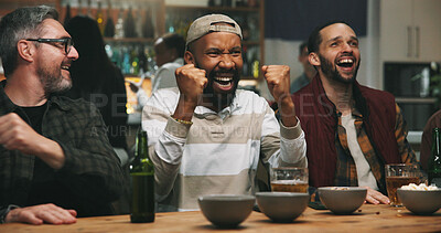 Buy stock photo Men, friends and fist pump at sports bar, watching tv or celebration for goal in soccer competition. People, group and excited for cheers, football match or live stream for international game at pub