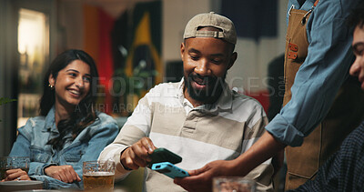 Buy stock photo Man, payment and pos machine with phone in pub for purchase, banking or drinking in club. Male person, friends and paying bill with mobile smartphone, NFC or app for beer, alcohol or beverage in bar