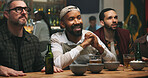 Stress, watching tv and men in pub for sports game with championship for entertainment together. Anxiety, live streaming and group of male friends with football match in bar for online tournament.