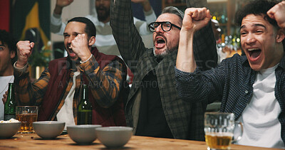 Buy stock photo Happy people, winning and celebration with fist pump for sport victory, support or success in pub. Excited group, men or fans with achievement for goal, online entertainment or score in local bar